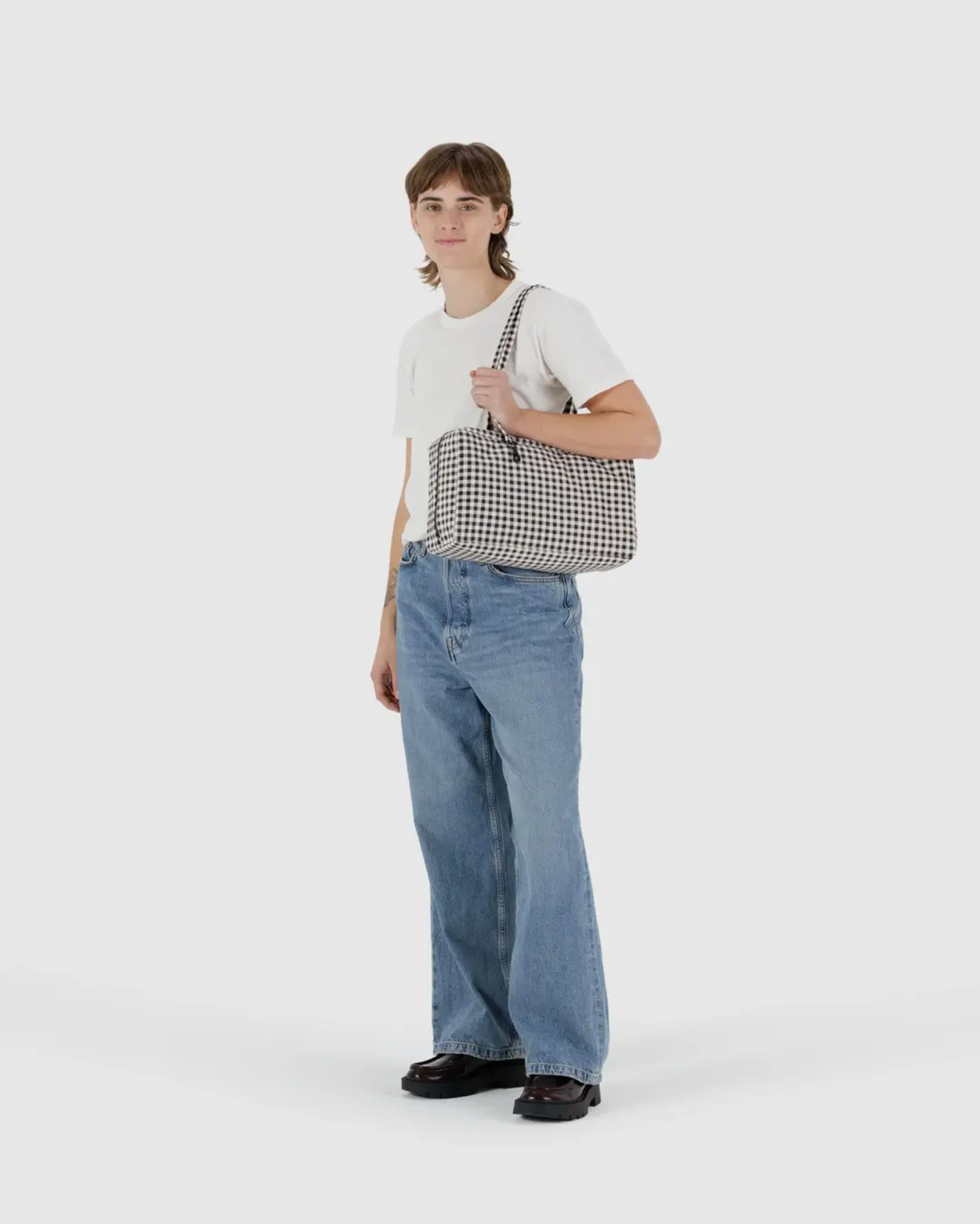 Medium Nylon Bowler Bag - Black & White Gingham