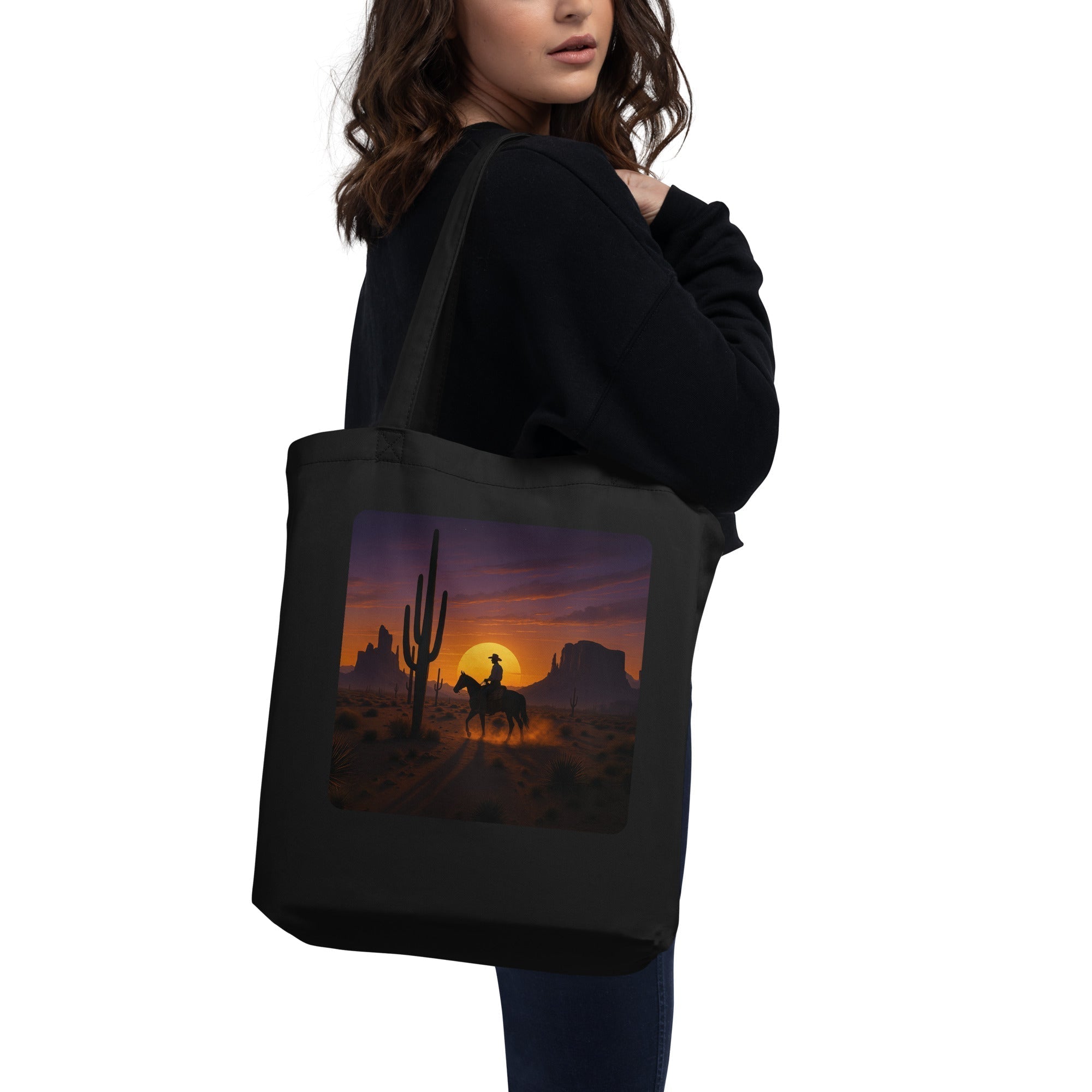 Desert Sunset Cowboy Organic Cotton Tote Bag - Southwest Western Eco-Friendly Shopper