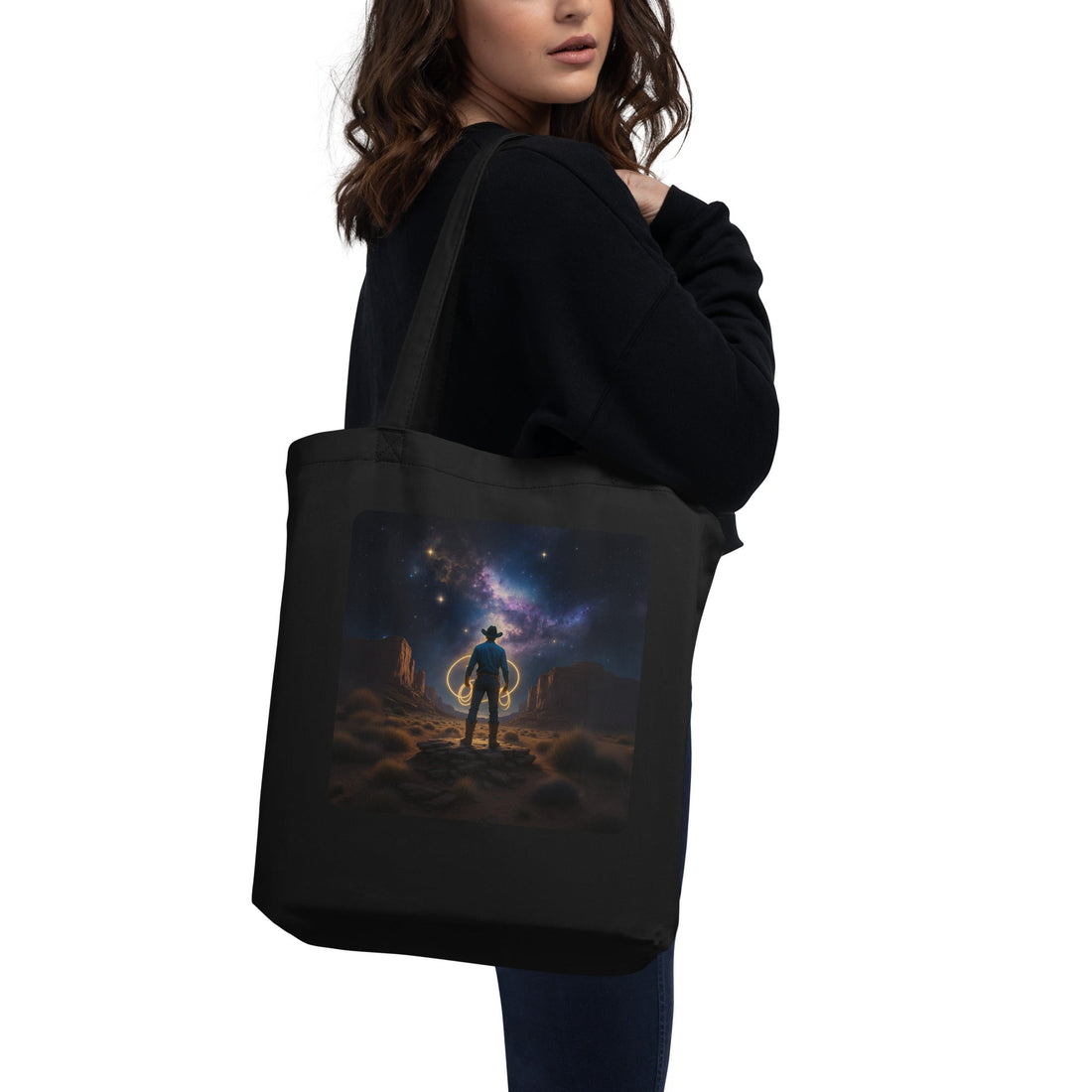 Cosmic Cowboy Galaxy Organic Cotton Tote Bag - Western Space Explorer Eco-Friendly Shopper