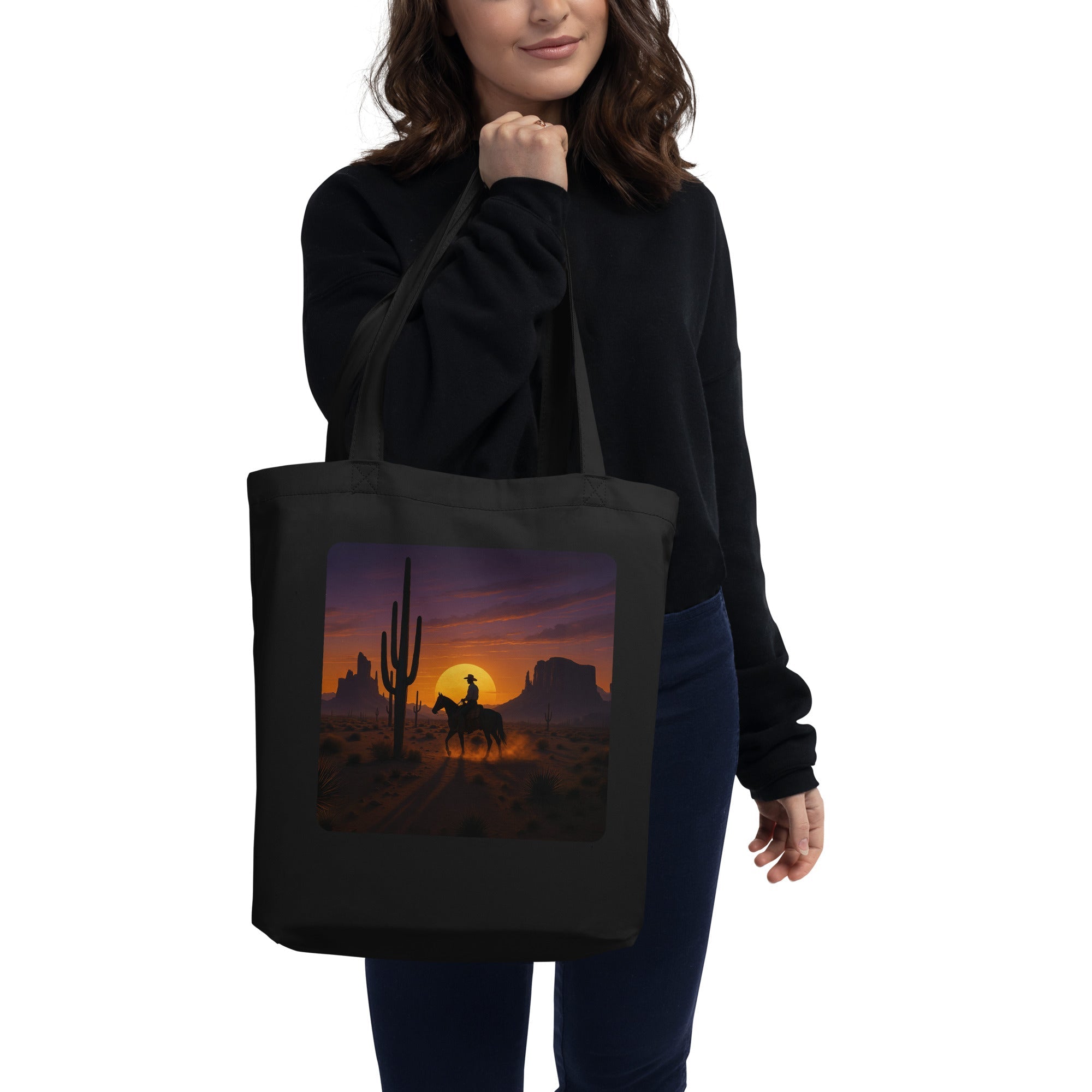Desert Sunset Cowboy Organic Cotton Tote Bag - Southwest Western Eco-Friendly Shopper