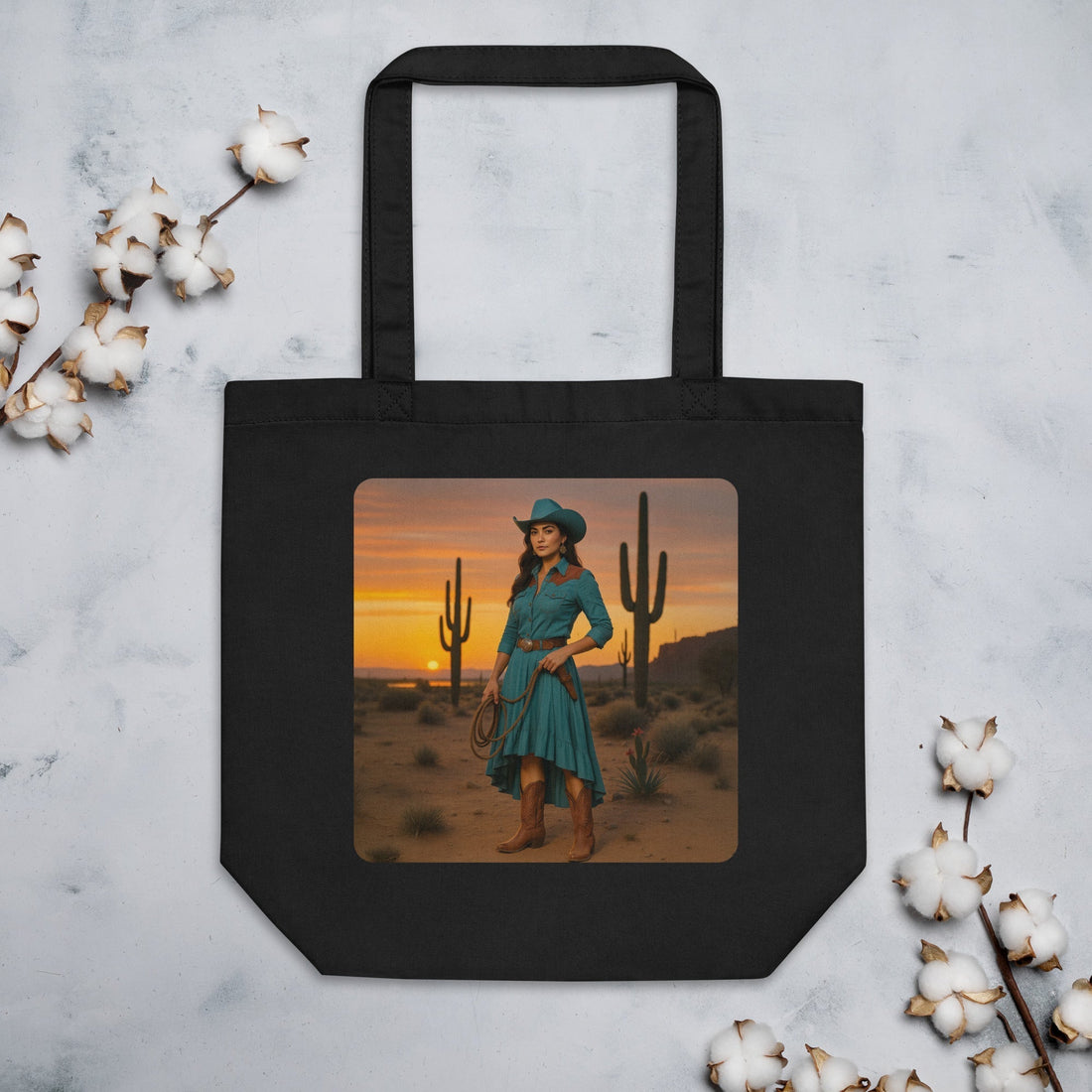 Desert Sunset Cowgirl Organic Cotton Tote Bag - Southwestern Cactus Eco-Friendly Shopper