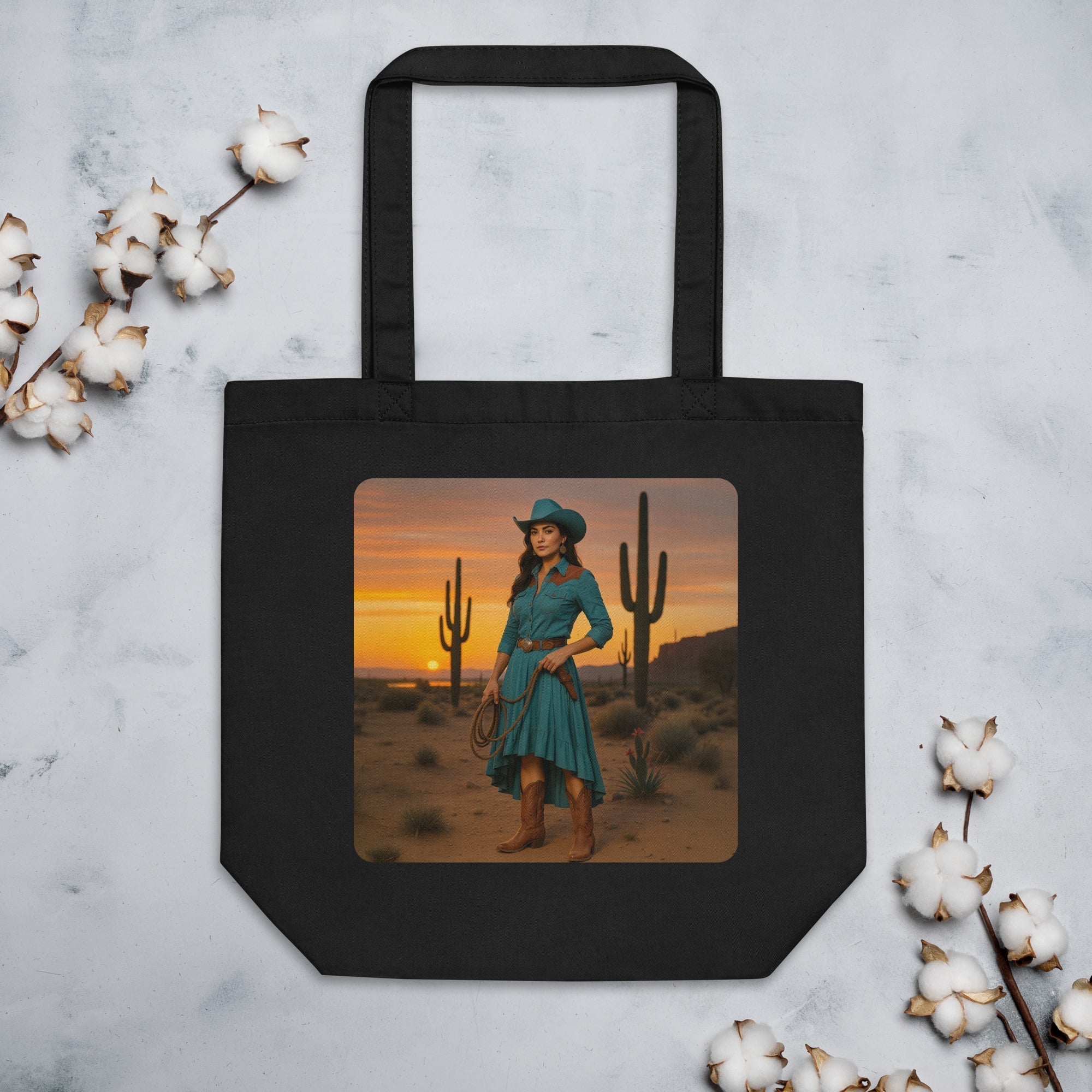 Desert Sunset Cowgirl Organic Cotton Tote Bag - Southwestern Cactus Eco-Friendly Shopper