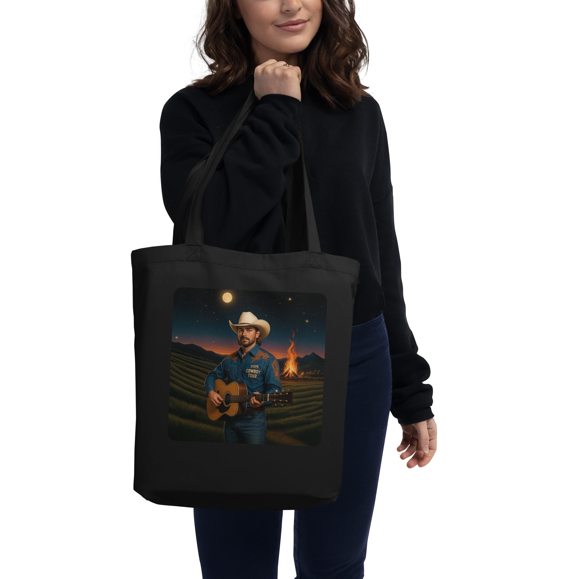 Campfire Cowboy Guitar Organic Cotton Tote Bag - Country Music Moonlit Eco-Friendly Shopper