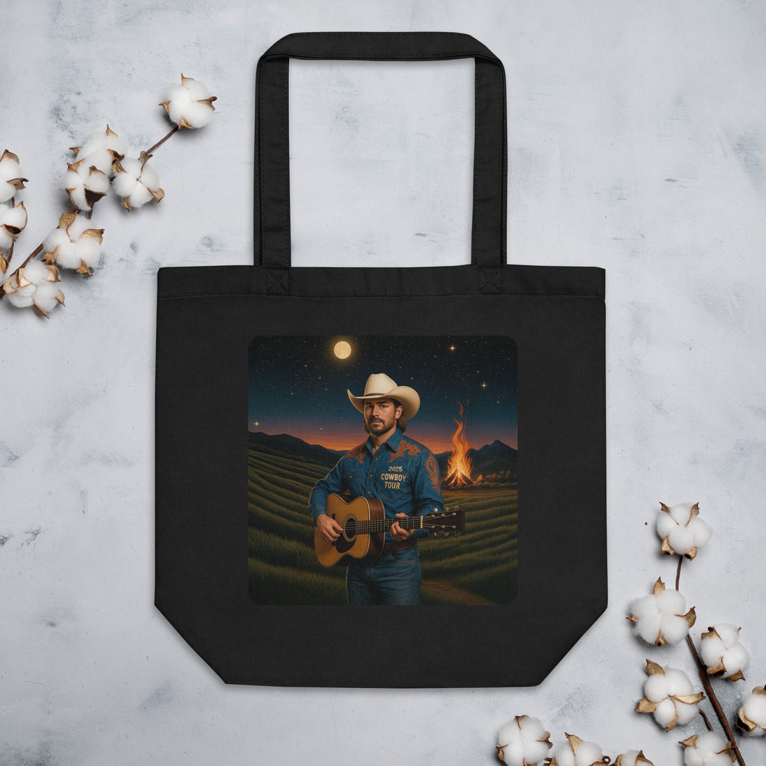 Campfire Cowboy Guitar Organic Cotton Tote Bag - Country Music Moonlit Eco-Friendly Shopper