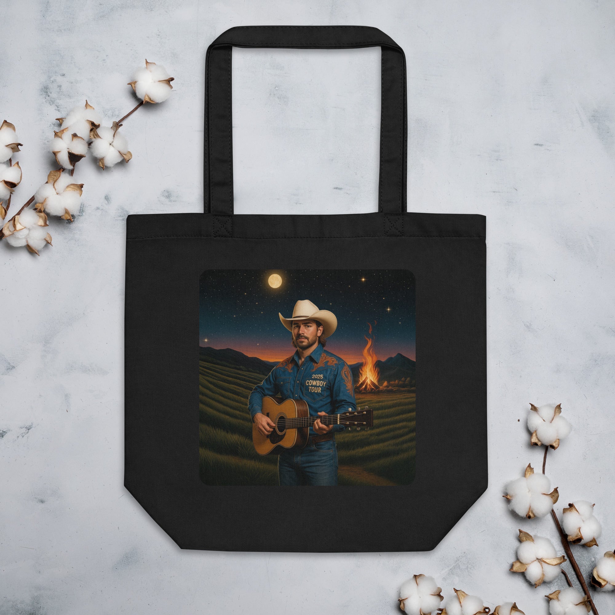 Campfire Cowboy Guitar Organic Cotton Tote Bag - Country Music Moonlit Eco-Friendly Shopper