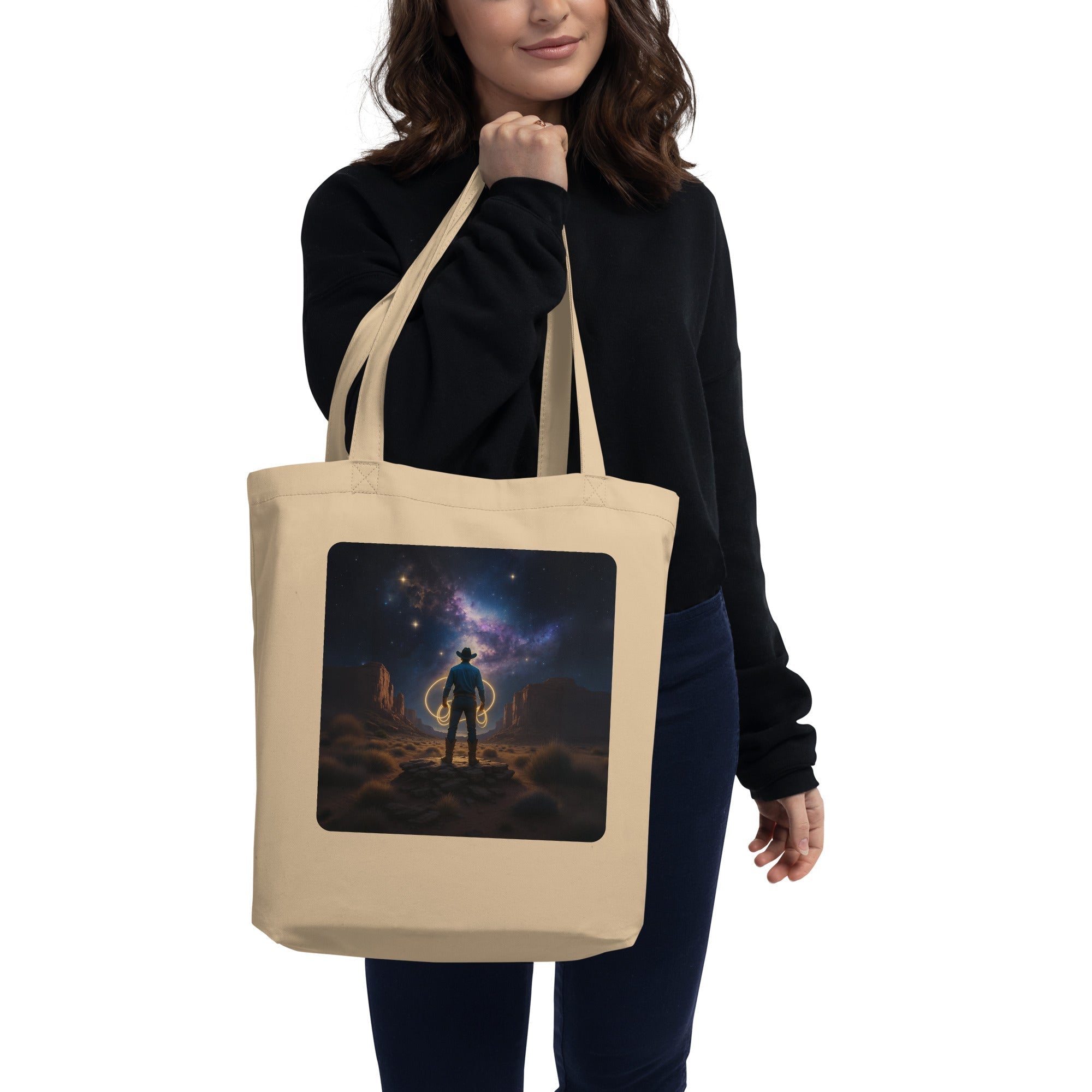 Cosmic Cowboy Galaxy Organic Cotton Tote Bag - Western Space Explorer Eco-Friendly Shopper
