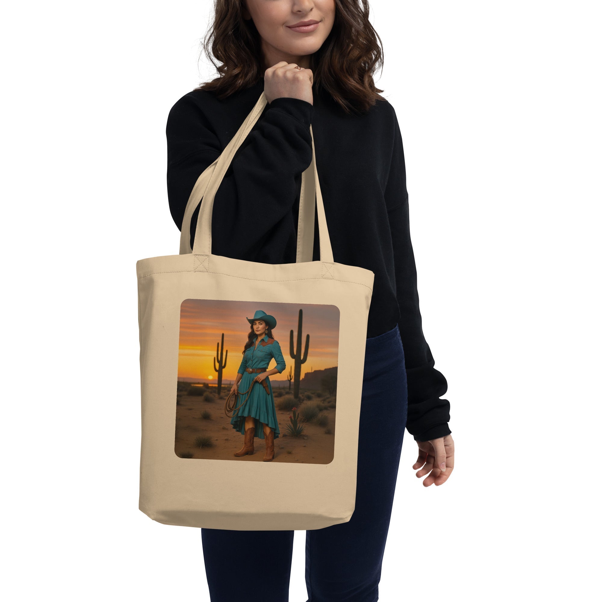 Desert Sunset Cowgirl Organic Cotton Tote Bag - Southwestern Cactus Eco-Friendly Shopper