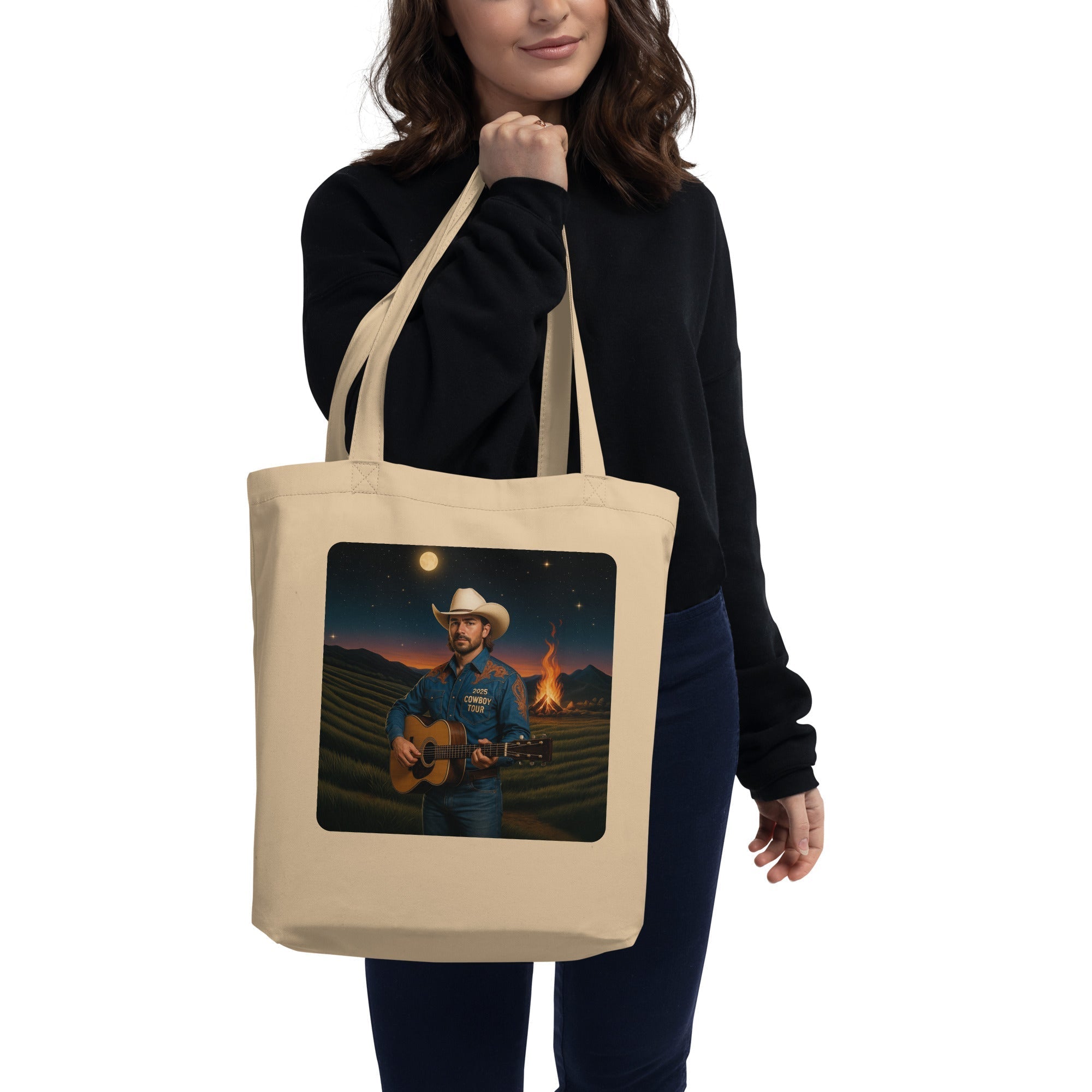 Campfire Cowboy Guitar Organic Cotton Tote Bag - Country Music Moonlit Eco-Friendly Shopper