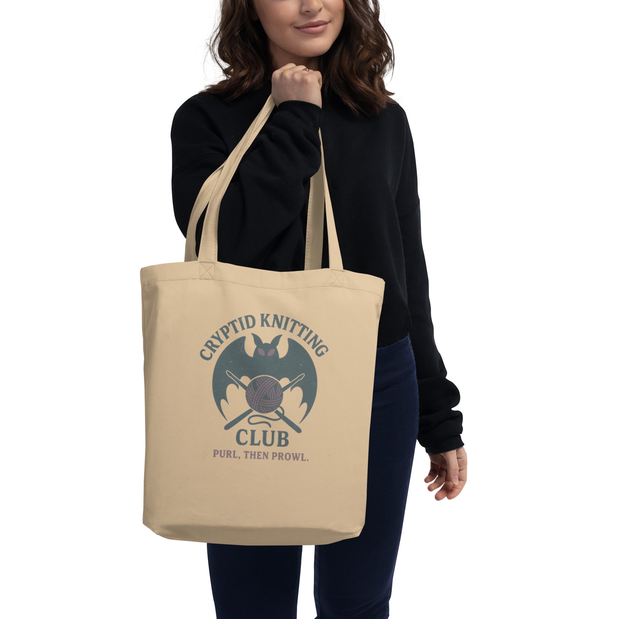 Organic Cotton Tote Bag ¨C Cryptid Knitting Club ¨C Purl, Then Prowl