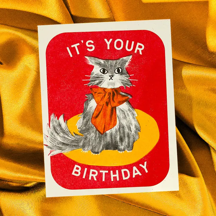 It's Your Birthday Bow Cat - Risograph Card